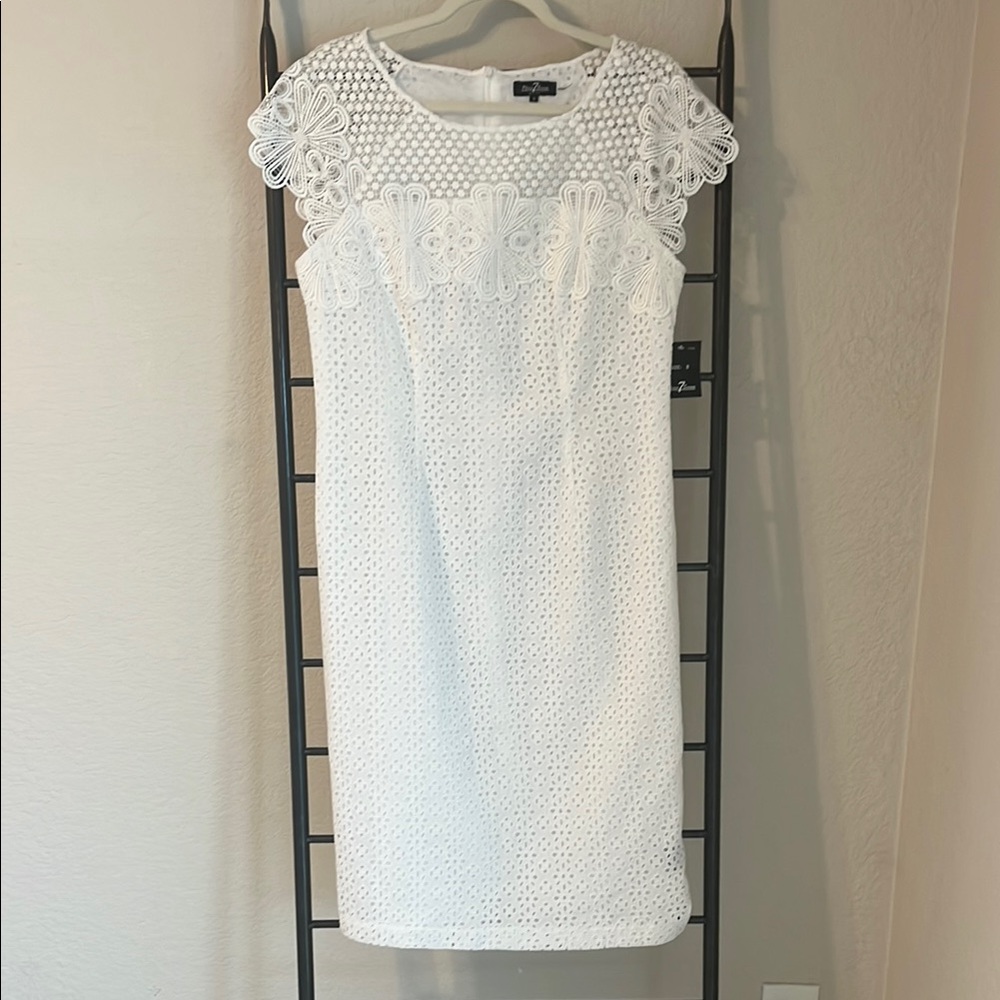 Phase 7 Seven- White Midi Sheath Dress with Cap Sleeves and Crew Neck